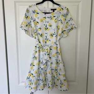Banana Republic Women's Frill Fit & Flare Dress Ruffle White Lemon Print Size 12